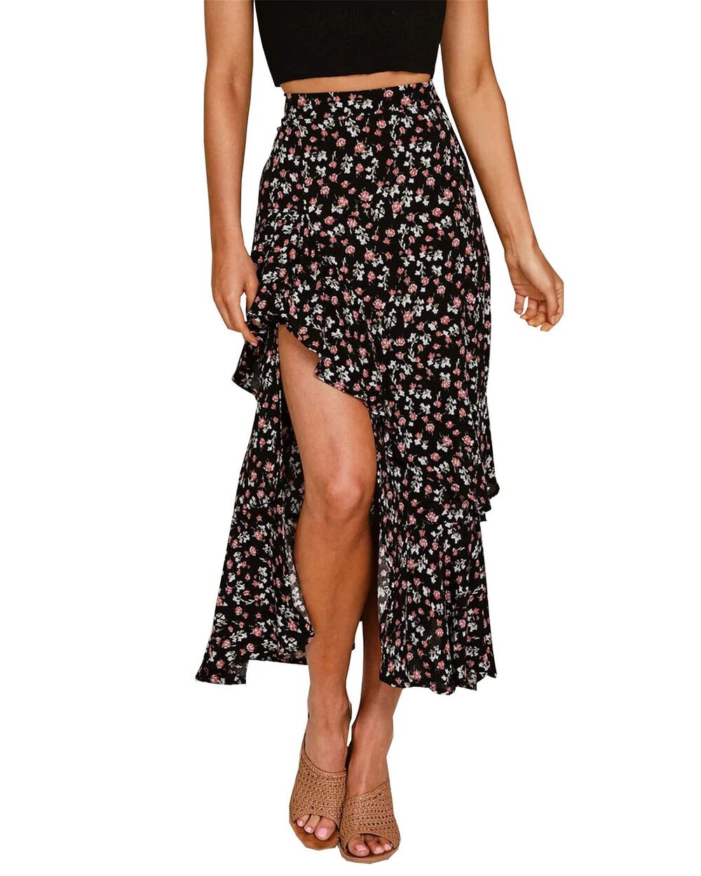 Boho Floral Elastic Waist Split Ruffle High Low Maxi Skirt, SMALL, 6J-169B001